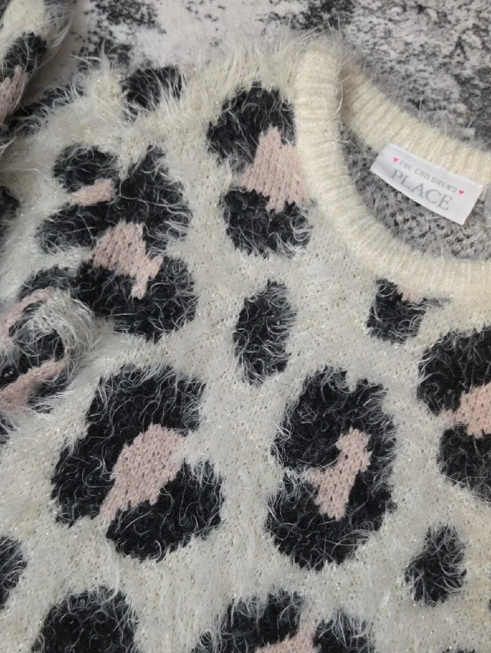 The Children's Place Cream & Pink Leopard Fuzzy Sweater